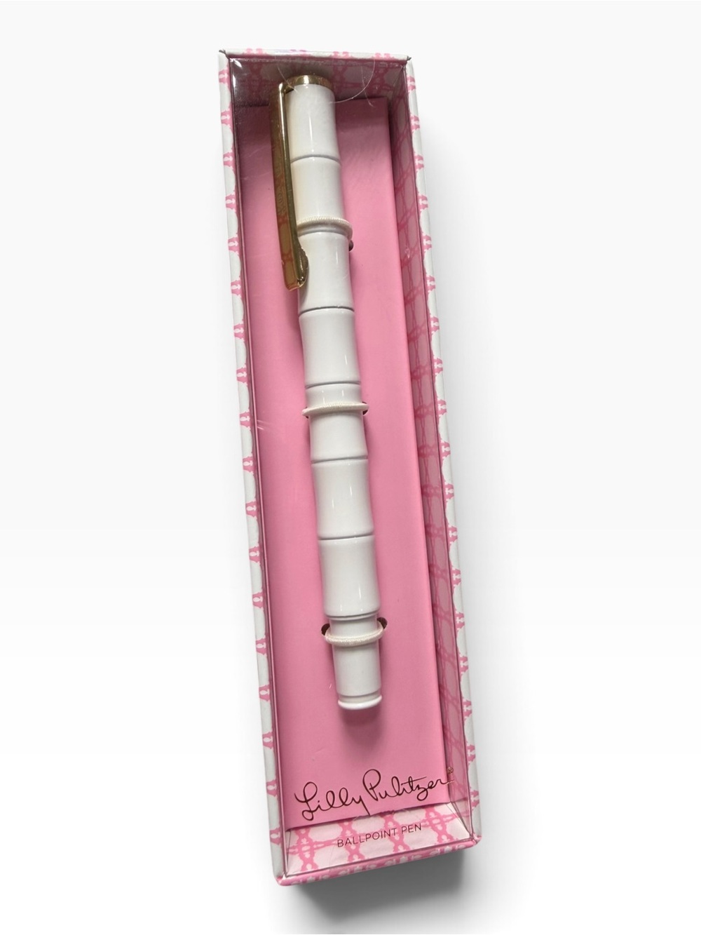 Lilly Pulitzer White Bamboo Style Ballpoint Pen Gold Tone Clip Boxed NEW